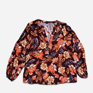 Floral V-Neck Long Sleeve Blouse - Burgundy Floral size xs